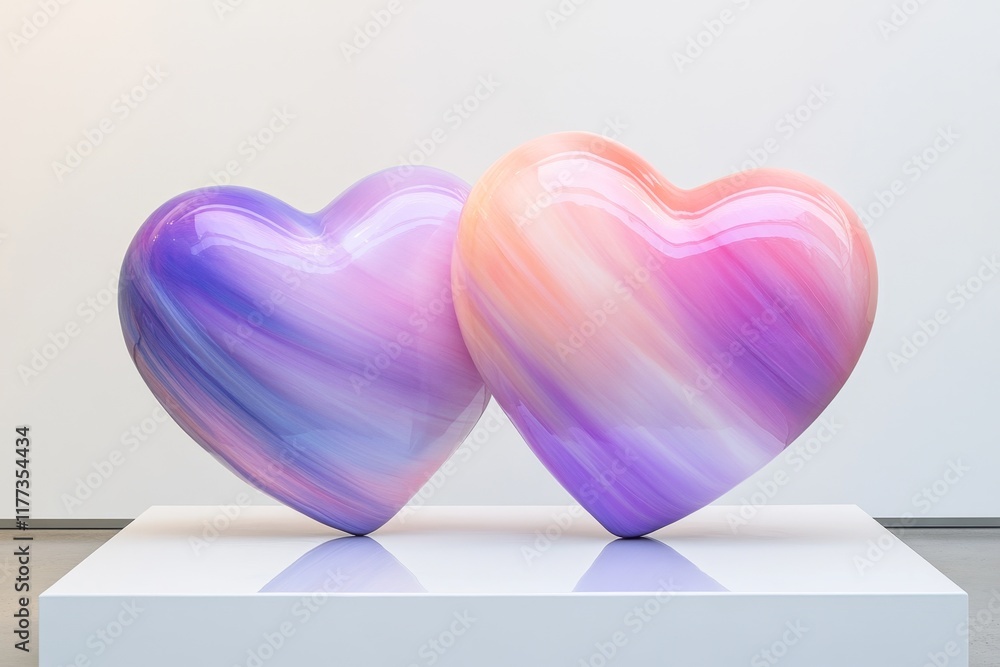 Poster two heart shapes filled with soft gradient hues of pink and purple, positioned symmetrically on a cl