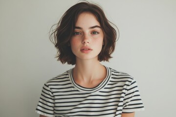 Fototapeta premium Young woman in striped t shirt with short hair posing confidently