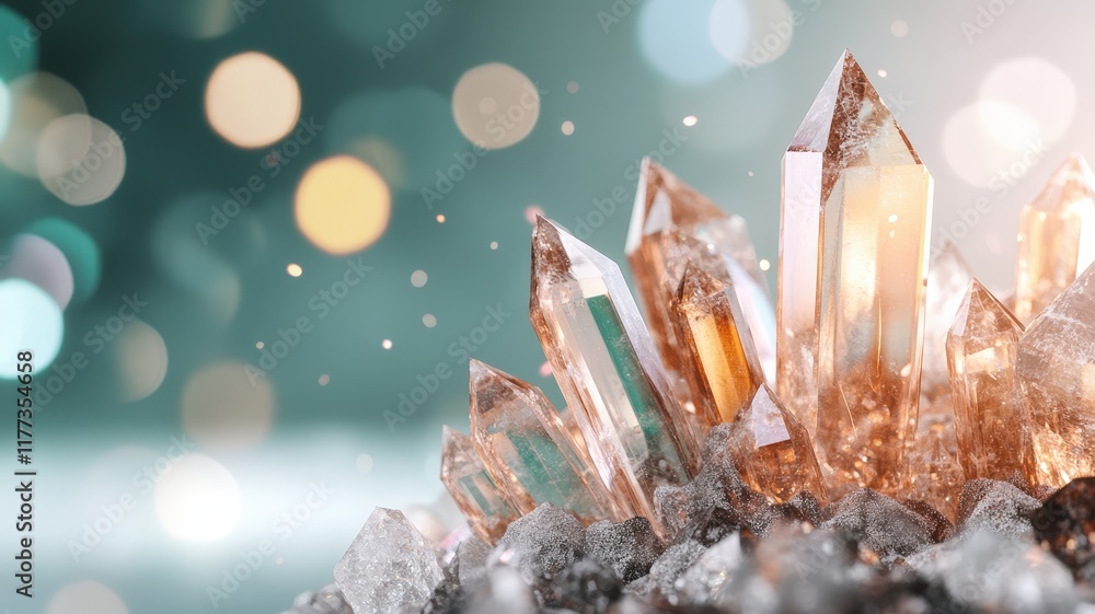 Poster stunning close-up of sparkling quartz crystal formations with soft bokeh background in vibrant warm 