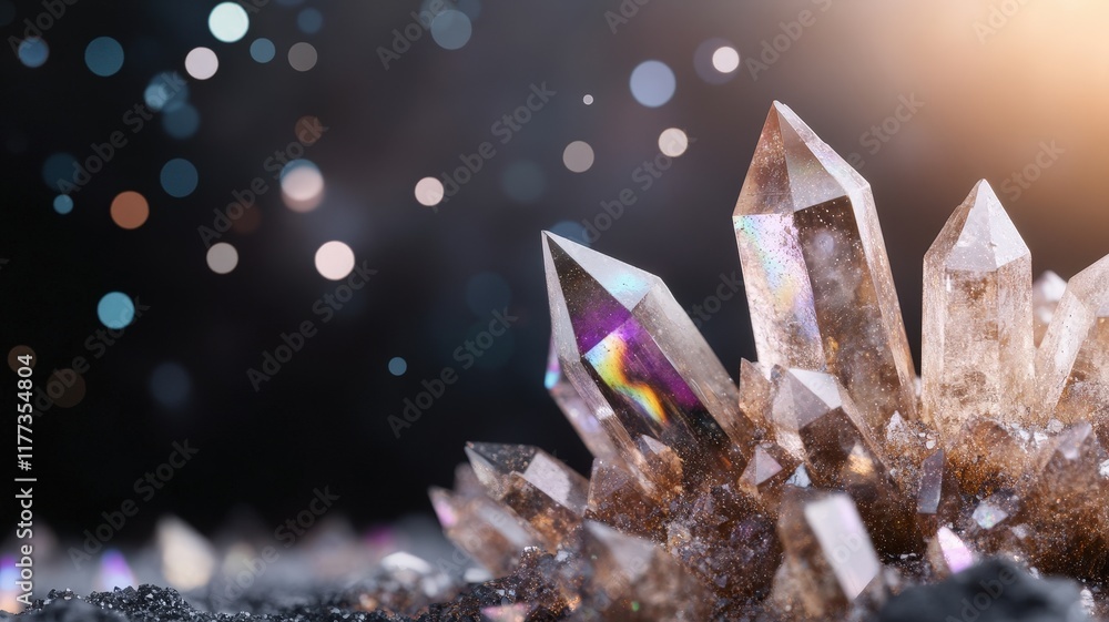Poster sparkling crystal formation with bokeh background and colorful reflections for nature and gemstone i