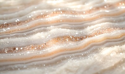 Obraz premium Close-up of shimmering, wavy, beige and white stone texture with glittering crystals.