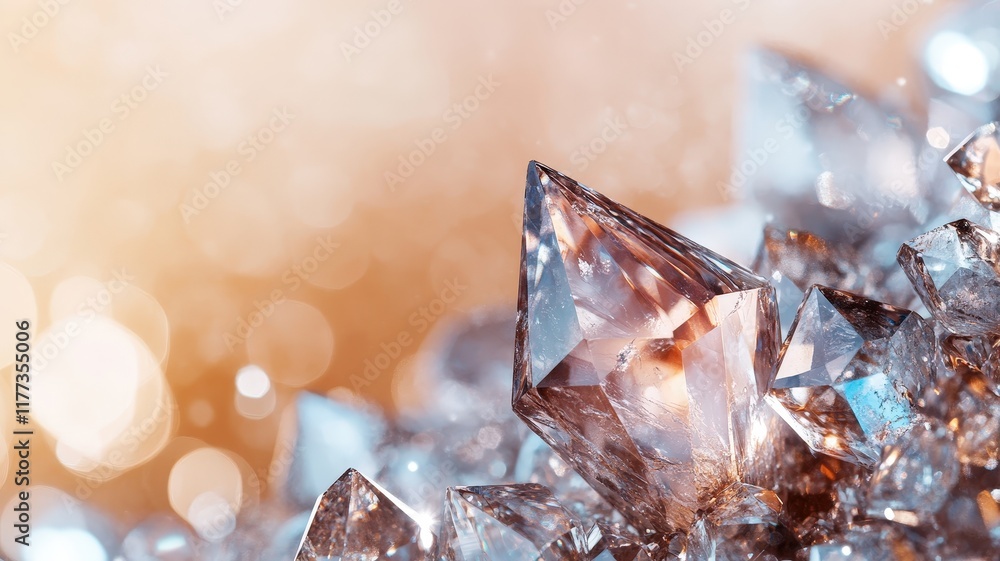 Poster sparkling crystals glimmering against a warm background with bokeh light effects creating a magical 