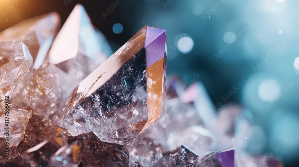 Poster detailed close-up of glimmering crystal formation with sharp edges and bokeh background in soft blue