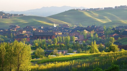 A serene landscape showcasing a village nestled among rolling hills and greenery.