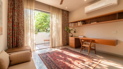 Cozy Indian-Inspired Corner Home Office with Teak Desk and Block-Printed Curtains in Ultra-Detailed Cinematic Shot