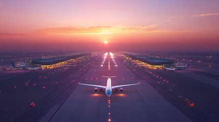 Airplane taking off at sunset airport terminal aerial view travel