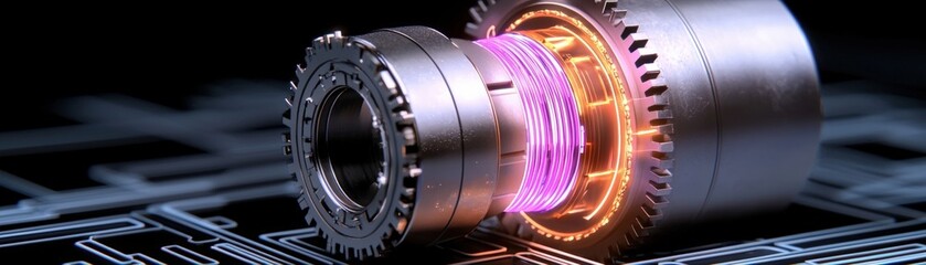 Obraz premium Futuristic Electric Motor with Neon Glow and High-Tech Design Elements for Modern Applications