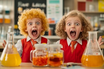 Two identical twins participating in a science fair, showcasing their project and explaining it with enthusiasm