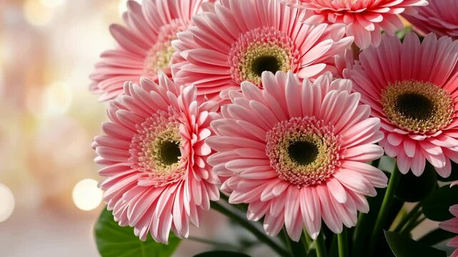 Pink gerbera daisies arranged in a vibrant bouquet with soft background lighting