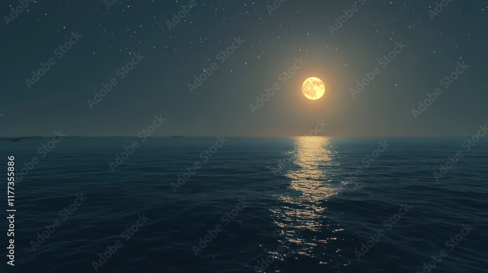 Poster a serene night scene featuring a full moon reflecting on calm ocean waters under a starry sky.