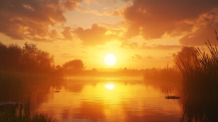Obraz premium Sunset reflection over calm water nature setting tranquil scene