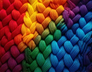Rainbow knitting stitches background, vibrant colors woven together, textured patterns creating intricate designs, colorful threads form stripes, swirls, gradient transitions, blending hues of red, or
