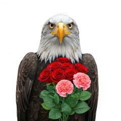 Majestic Eagle with Floral Bouquet - A bald eagle, symbol of strength and freedom, holds a vibrant bouquet of roses and carnations, representing love, beauty, and unexpected tenderness.  The contrast 