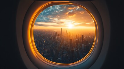 Fototapeta premium Sunrise view from airplane window over cityscape travel photography