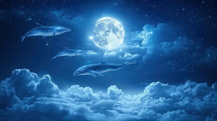 A serene night scene featuring dolphins swimming among clouds under a bright moon.