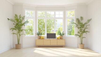 Contemporary Indian Home: Stylish Family Living Room with Bay Window, Teak Console, and Vibrant Seat Cushions - Cinematic Ultramodern Interior Design