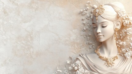 Serene Sculpted Beauty: A 3D Render of a Woman Adorned with Flowers and Gold Jewelry