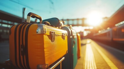 Fototapeta premium Travel adventure colorful luggage at train station sunset