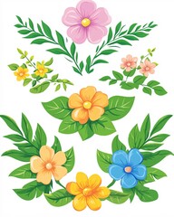 Colorful Floral Collection with Various Leaves and Flowers in Vibrant Illustrations