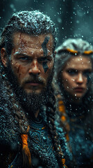 Powerful Viking warrior in full battle gear, wielding an axe and shield on a rugged battlefield, fierce expression, Norse warrior legacy, medieval warrior stance, Viking combat readiness
