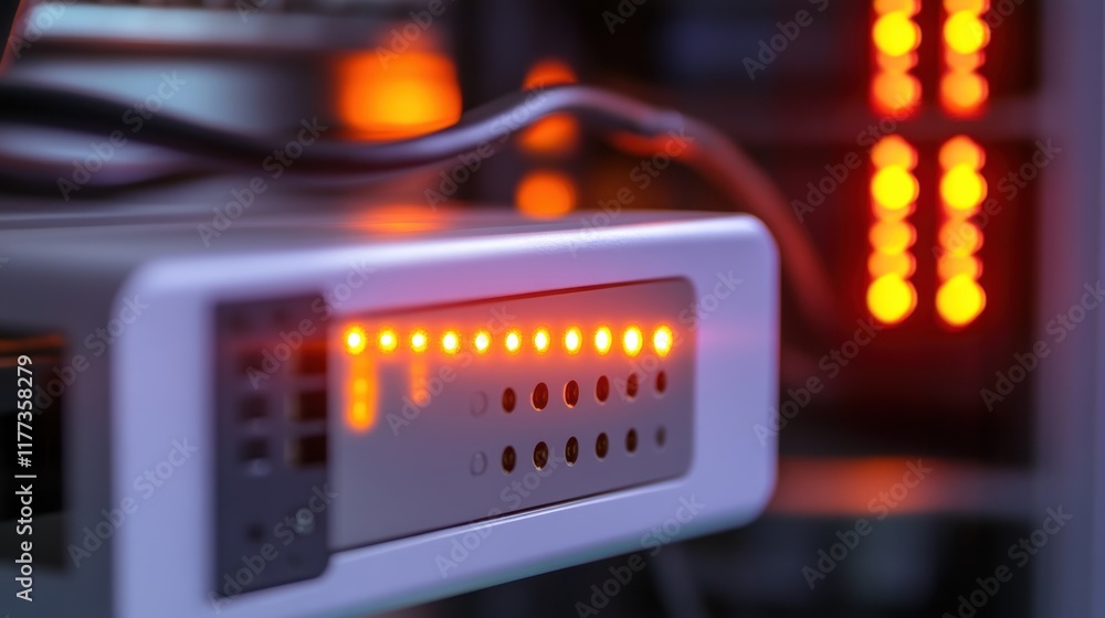 Poster close up of a network server with illuminated led lights, indicating data transmission and processin