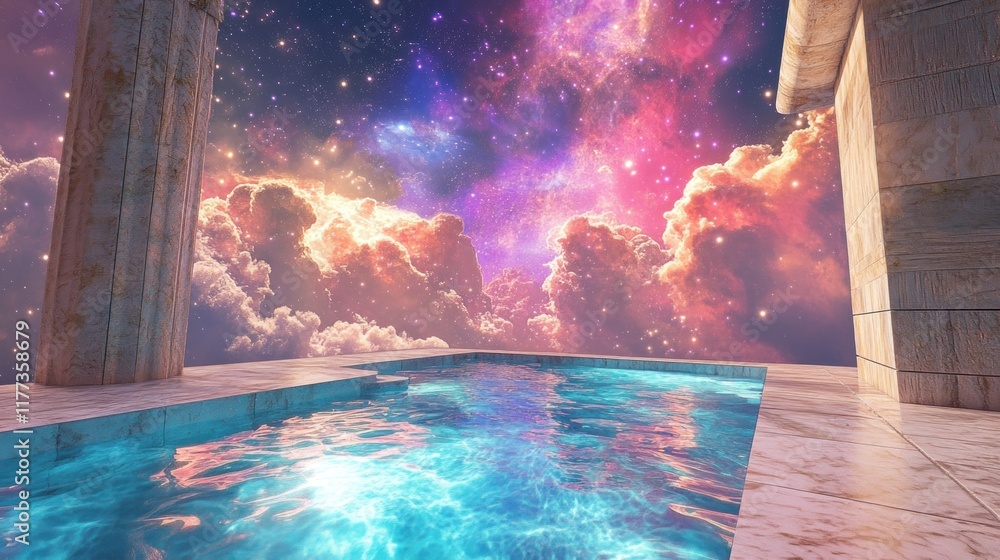 Poster a serene pool scene under a vibrant cosmic sky filled with colorful clouds.