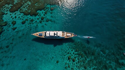 Fototapeta premium From a high-angle view on a sunny day, aerial photo captures breathtaking beauty of Maldives paradise,