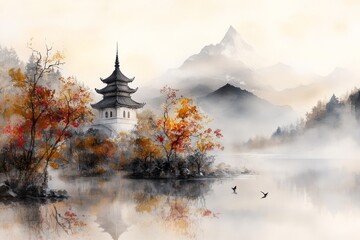 A vintage-style travel poster of a Thai ubosot, featuring classic typography and muted tones to evoke nostalgia for traditional Thailand