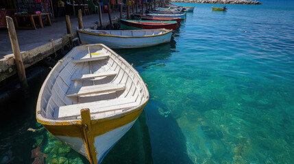 Obraz premium Bustling Harbor with Brightly Painted Boats Gently Floating on Clear Water