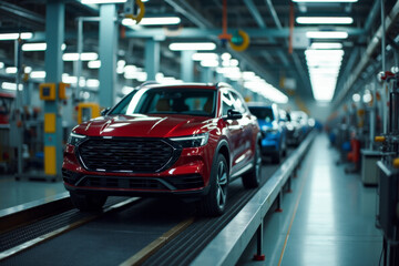 Fototapeta premium Production at a busy car manufacturing plant shows vehicles on a conveyor belt as machines work efficiently in the assembly process.