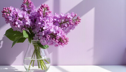 Vase of purple lilacs in sunlight against pastel wall