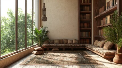 Serene Indian-Inspired Lounge Nook with Vibrant Textiles and Library Shelving in Modern Interior | Cinematic Cozy Space
