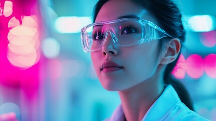 A focused scientist in protective eyewear, illuminated by vibrant neon lights, showcases a blend of innovation and research in a modern laboratory setting.