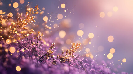 Subtle golden particles enhancing pink and aqua bokeh lights indoors over a smooth lavender background