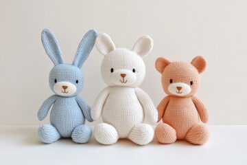 Fototapeta premium Cute Knitted Stuffed Animals in Knolling Style. Blue Bunny, Brown Bear, and White Teddy Rabbit with Cream Faces.