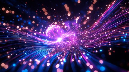 Fireworks in shades of pink, blue, and gold, with light trails blurred into soft, starry glows, filling the night sky