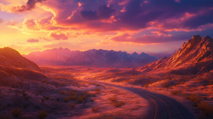 Fototapeta premium winding road through vibrant desert landscape at sunset, showcasing dramatic mountains and colorful skies. scene evokes sense of adventure and tranquility
