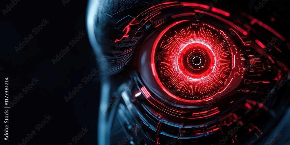Poster a close-up of a futuristic robotic eye with a glowing red iris, featuring intricate circuitry and a 