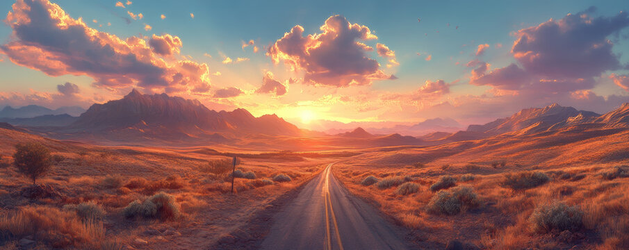 scenic desert road stretches through vibrant landscape, illuminated by stunning sunset. warm colors of sky contrast beautifully with rugged mountains and soft terrain