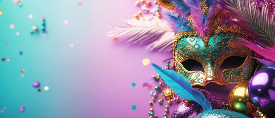 Elegant Venetian Mask with Colorful Feathers and Confetti for Carnival Celebration
