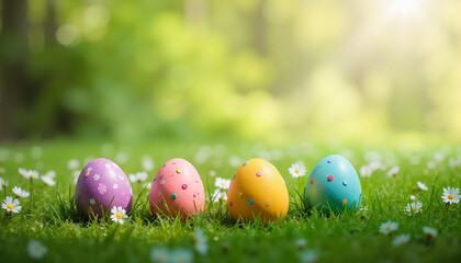 Fototapeta premium Colorful Easter eggs on grassy field with daisies