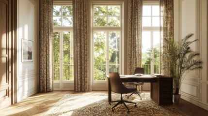 Fototapeta premium Vibrant Indian-Inspired Modern Home Office with Block-Printed Curtains and Plush Rug by Open Windows | Cinematic Image