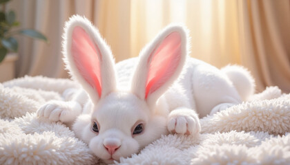 Obraz premium White rabbit resting on a fluffy blanket in soft sunlight