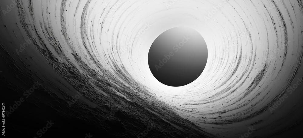 Poster mysterious black sphere inside a textured white tunnel with light gradient