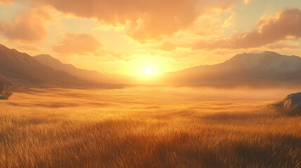 Golden Sunset Over Grassy Field and Mountains - 3D Illustration