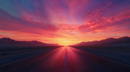 Majestic desert road stretching toward vibrant sunset, with colorful clouds illuminating sky. serene and breathtaking view of nature beauty
