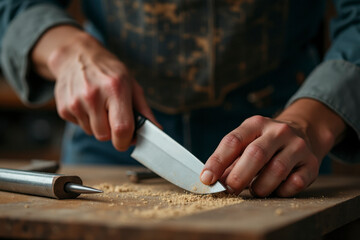 Skilled artisan shapes a knife in a workshop, demonstrating handmade techniques and showcasing fine craftsmanship with precision tools