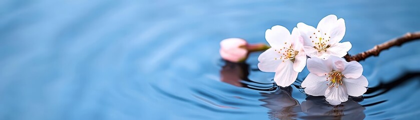 Fototapeta premium Delicate Cherry Blossom Flowers Floating on Calm Blue Water Surface with Gentle Ripples