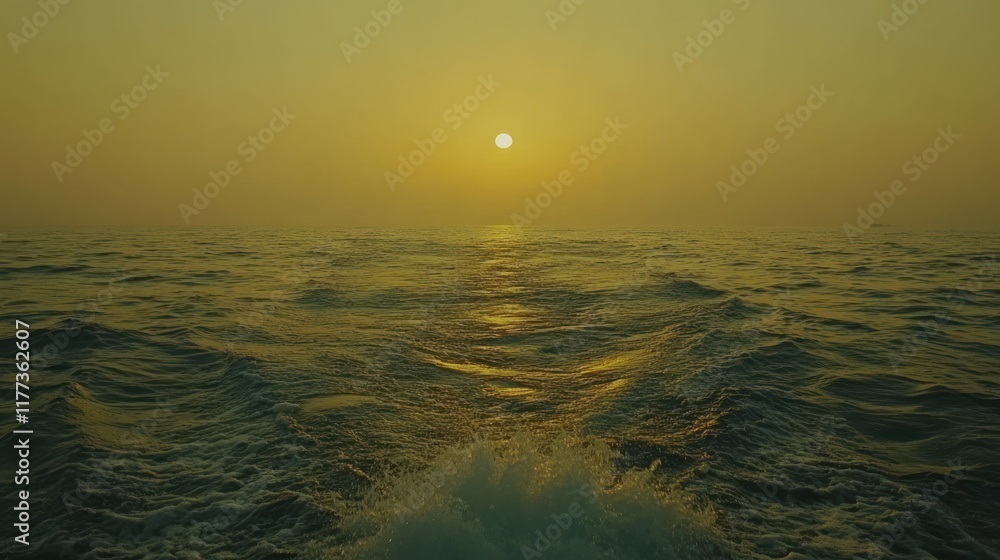 Poster a serene sunset over calm ocean waters, creating a tranquil and reflective atmosphere.