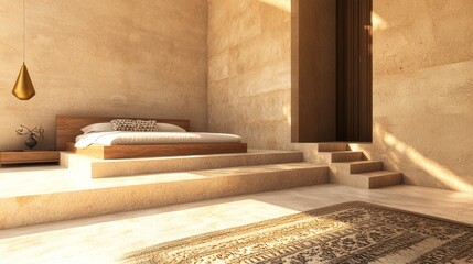Luxurious Indian-Inspired Elevated Bedroom with Modern Design Elements and Warm Lighting Cinematic Image